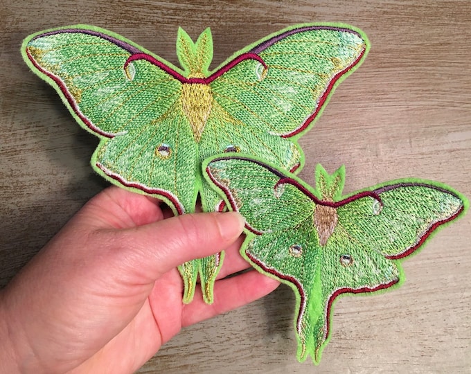 Embroidered Glow-in-the-Dark Luna Moth Large or Small or XL Iron-on Patch or Magnet 4, 5.5, 7” with Tan or Metallic Gold Center Body Options