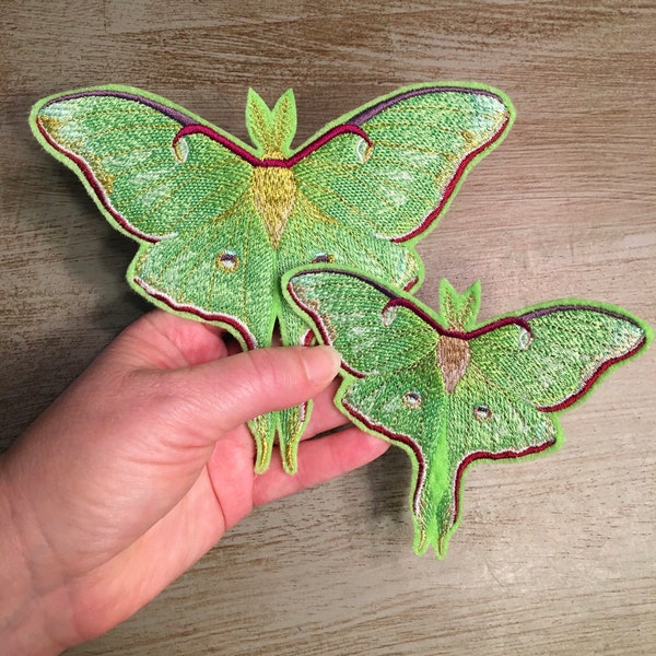 Embroidered Glow-in-the-Dark Luna Moth Large or Small or XL Iron-on Patch or Magnet 4, 5.5, 7” with Tan or Metallic Gold Center Body Options
