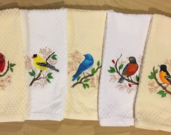 Embroidered Backyard Birds Cardinal, Goldfinch, Bluebird, Robin, Oriole Ivory, White, Tan Kitchen Waffle Weave Terry Cotton Hand Dish Towels