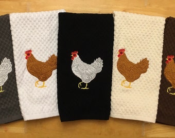 Embroidered Hen Farmhouse Chicken on White Ivory Gray Brown Black Pink Yellow or Green Kitchen Waffle Weave Terry Cotton Hand Dish Towel