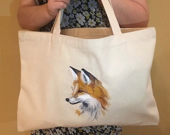 Embroidered Red Fox Portrait Sturdy Natural Cotton Ivory Off-White or Navy with Either Zipper or Open Top Tote Book Shopping Bags Add Name
