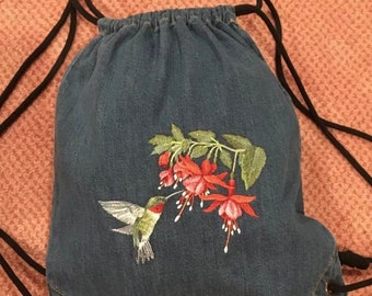 Embroidered Hummingbird with Fuchsia Flowers Denim Bag Drawstring Backpack Cinch Sack Can Add Name to Personalize