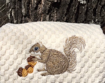 Embroidered Tan Squirrel with Acorns on White, Ivory, Gray, Brown, Black, Red, Green Kitchen Terry Cotton Hand Dish Towel Dishtowel Animals