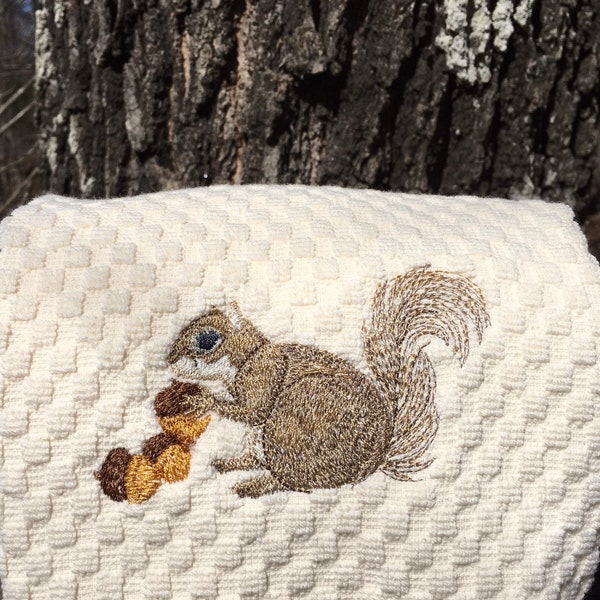 Embroidered Tan Squirrel with Acorns on White, Ivory, Gray, Brown, Black, Red, Green Kitchen Terry Cotton Hand Dish Towel Dishtowel Animals