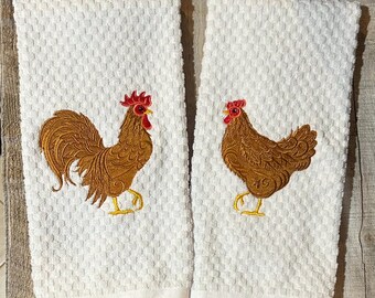 刺繍入りブラウン 雄鶏と雌鶏セット 農家の鶏 ブラウン アイボリー グレー ブラック ホワイト キッチン ワッフル織り テリーコットン ハンドディッシュタオル