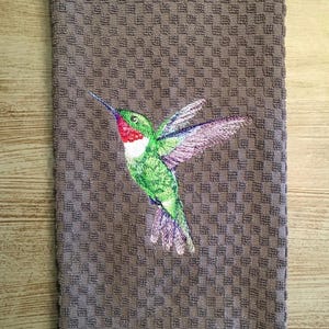 Embroidered Ruby Throated Hummingbird on Gray Kitchen Waffle Weave Terry Cotton Hand Dish Towel Dishtowel Bird