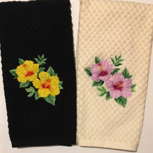 Embroidered Hibiscus Yellow or Pink Tropical Flowers on White, Ivory or Black Kitchen Waffle Weave Terry Cotton Hand Dish Towel Dishtowel