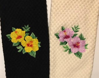 Embroidered Hibiscus Yellow or Pink Tropical Flowers on White, Ivory or Black Kitchen Waffle Weave Terry Cotton Hand Dish Towel Dishtowel