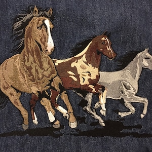 May include: Three horses running in a field. The horse in the front is brown, the middle horse is brown and white, and the horse in the back is gray.