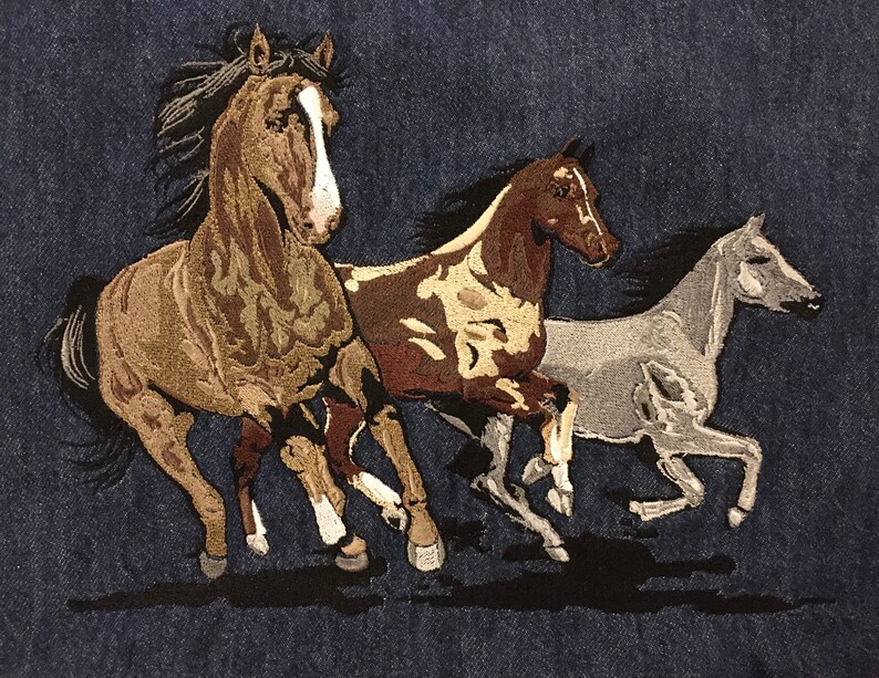 May include: Three horses running in a field. The horse in the front is brown, the middle horse is brown and white, and the horse in the back is gray.
