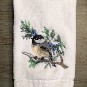 Embroidered Black Capped Chickadee on Snowy Winter Juniper Branch with Blue Berries White or Gray Velour or Terry Fingertip Bathroom Towel