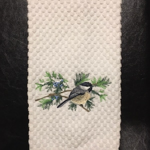Embroidered Winter Chickadee Bird Snow Juniper Branch White, Ivory, Tan, Brown, Gray or Pink Kitchen Waffle Terry Cotton Hand Tea Dish Towel
