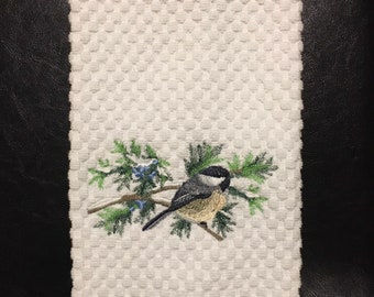 Embroidered Winter Chickadee Bird Snow Juniper Branch White, Ivory, Tan, Brown, Gray or Pink Kitchen Waffle Terry Cotton Hand Tea Dish Towel