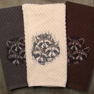 Embroidered Raccoon Kits Babies in Tree on Ivory, Gray, Brown or White Waffle Weave Terry Cotton Hand Kitchen Dish Towel