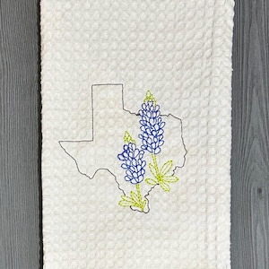 Embroidered Texas Bluebonnets State Flower on White Kitchen Waffle Weave Cotton Hand Dish Towels Dishtowels Western Southwest Lupine