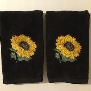 Embroidered Sunflowers Fingertip Bathroom Towels on Black Terry or Velour Cotton Yellow Flowers