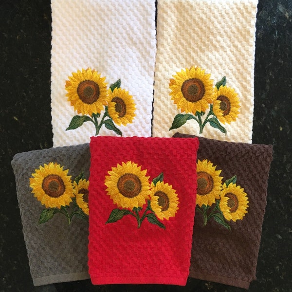 Embroidered Sunflowers on White, Ivory, Gray, Red, Brown, Black, Blue, Pink, Yellow, Green  Kitchen Waffle Terry Cotton Hand Tea Dish Towels