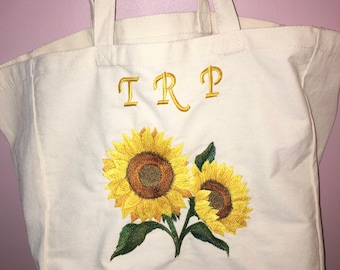 Embroidered Sunflowers Sturdy Navy or Natural Cotton Ivory Off-White Extra Large Open Top Tote Shopping Book Bags Can Add Name Personalize