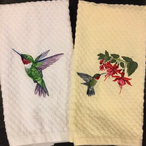 Embroidered Ruby Throated Hummingbirds & Fuchsia Flowers on 7 Different Kitchen Towel Colors Waffle Weave Terry Cotton Hand Dish Towels
