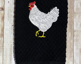 刺繍入りホワイトチキンヘンキッチンタオル9色展開ワッフル織りテリーコットンハンドディッシュティータオルファーム
