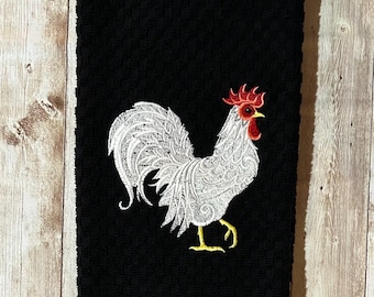 黒地に白い雄鶏のファームハウスチキンの刺繍入り。またはワッフル織りのテリーコットン製ハンドディッシュタオル（7色展開）