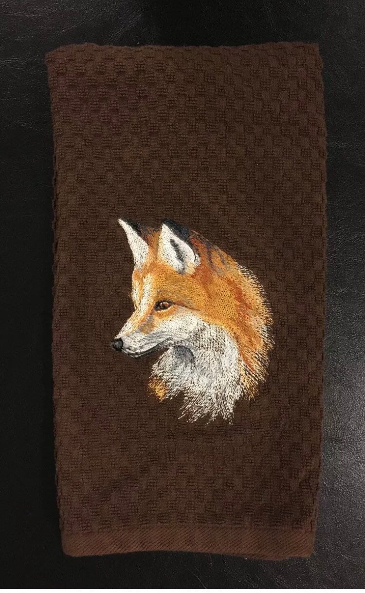 Embroidered Red Fox Portrait Kitchen Waffle Weave Terry Cotton