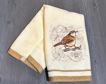 Embroidered Carolina Wren Brown Bird with Bee and Butterflies on Ivory Cream Velour or Terry Cotton Fingertip Bathroom Towel with Tan Stripe