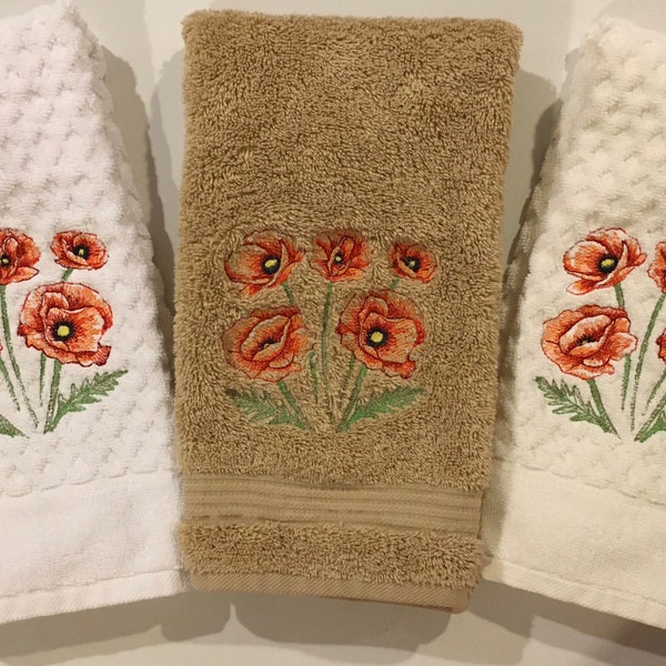 Embroidered Red Poppies Poppy Flowers White, Beige Tan or Off-White Ivory Terry Cotton Bathroom Hand Towels