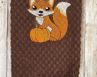 Embroidered Red Fox with Orange Pumpkin on Brown or 9 Other Colors Kitchen Cotton Terry Waffle Weave Hand Dish Towels Autumn Fall