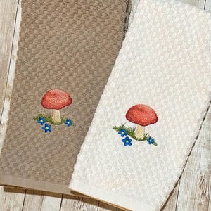 Embroidered Red Woodland Mushroom with Blue Flowers on 10 Color Choices Kitchen Waffle Weave Terry Cotton Hand Dish Towels