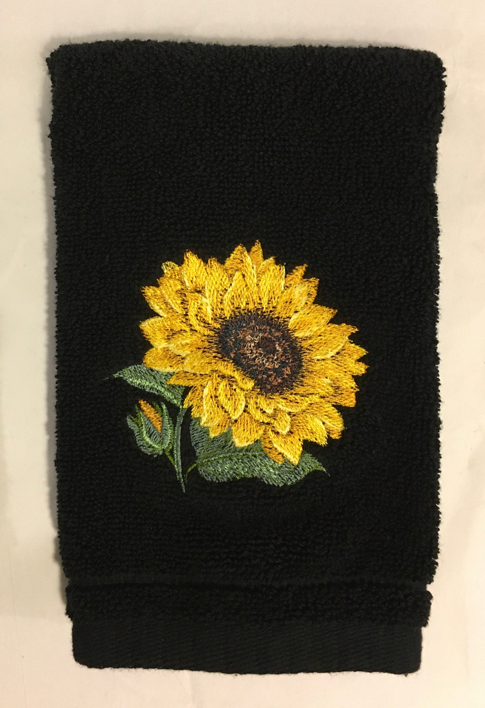 Embroidered Sunflowers Fingertip Bathroom Towels on Black Etsy