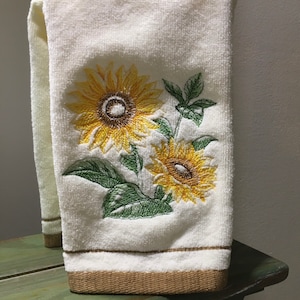 Embroidered Sunflowers Summer Yellow Flowers Ivory Cream Cotton Velour or Terry Fingertip Bathroom Towels Tan Stripe
