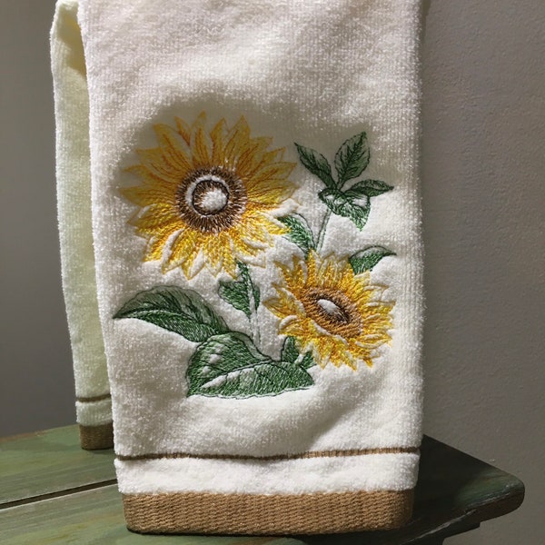 Embroidered Sunflowers Summer Yellow Flowers Ivory Cream Cotton Velour Fingertip Bathroom Towel Tan Stripe