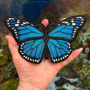 Embroidered XL “Blue” Royal Blue Teal Aqua Blue Monarch Butterfly Decorative Iron-on Appliqué Patch 7” Wingspan x 4” High Large Size