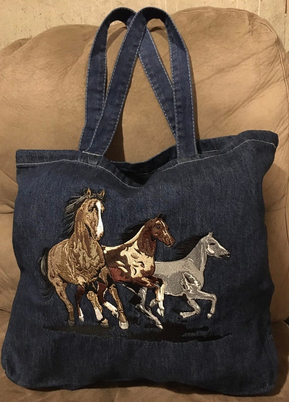 Embroidered Running Horses Large Cotton Blue Denim Tote Book Shopping Shoulder Bag Western Add Zipper or Name or Initials Personalize