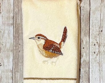 Embroidered Carolina Wren Brown Bird on Ivory Cream Velour or Terry Cotton Fingertip Bathroom Towel with Tan Stripe