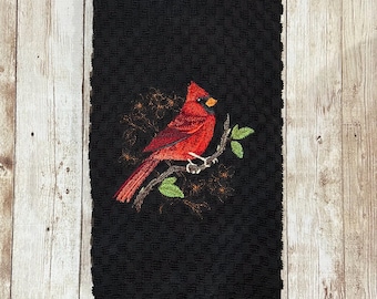 Embroidered Red Cardinal Bird on Leafy Branch Flowers Black Terry Kitchen Waffle Weave Cotton Hand Dish Towel Dishtowel with Hanging Loop