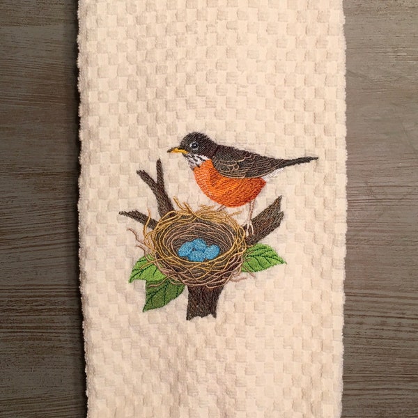 Embroidered American Robin Bird on Spring Nest of Blue Eggs on White or Ivory Cream Kitchen Waffle Weave Terry Cotton Hand Tea Dish Towel