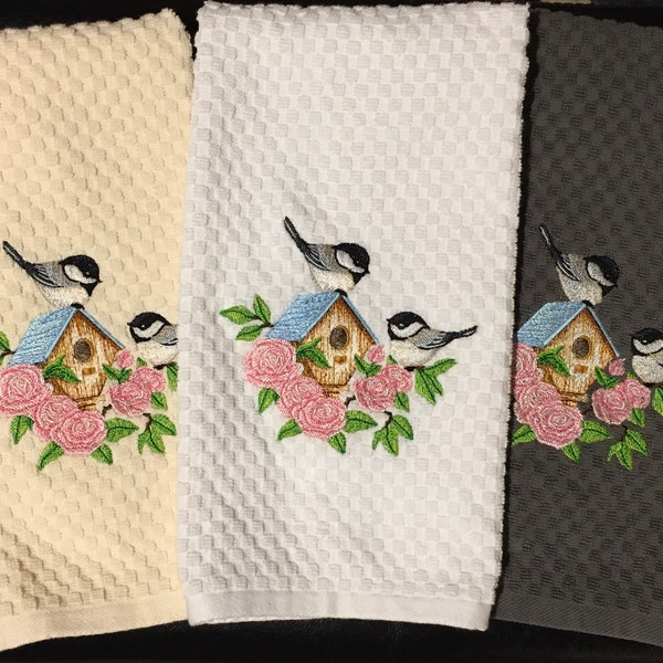 Embroidered Spring Chickadee Birds on Birdhouse Pink Roses Flowers White, Ivory, Gray or Brown Kitchen Terry Cotton Hand Tea Dish Towel