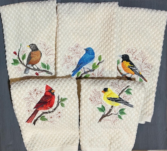 Embroidered Backyard Birds Cardinal, Goldfinch, Bluebird, Robin