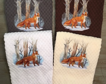 Embroidered Red Fox in Snowy Winter Woods on Ivory, White, Gray, Blue, Brown, Black or Red Waffle Weave Terry Cotton Hand Dish Towel