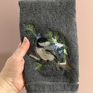 Embroidered Black Capped Chickadee Snowy Winter Juniper Branch Blue Berries on Velour or Terry Gray Fingertip Bathroom Towel
