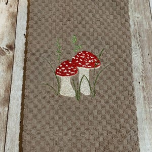 Embroidered Woodland Mushroom Red with White Spots on Tan Beige Kitchen Waffle Weave Terry Cotton Hand Dish Towel