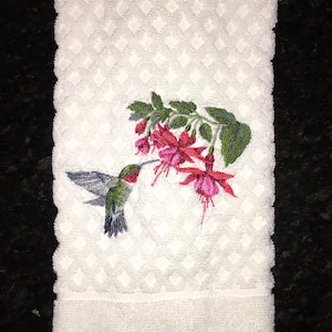 Embroidered Ruby Throated Hummingbird with Fuchsia Flowers White or Ivory Off-white Terry Cotton Waffle Weave Bathroom Hand Towel