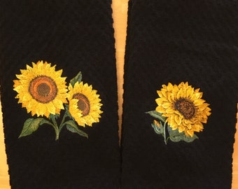 Embroidered Sunflower Designs on Black Kitchen Waffle Terry Cotton Hand Tea Dish Towels
