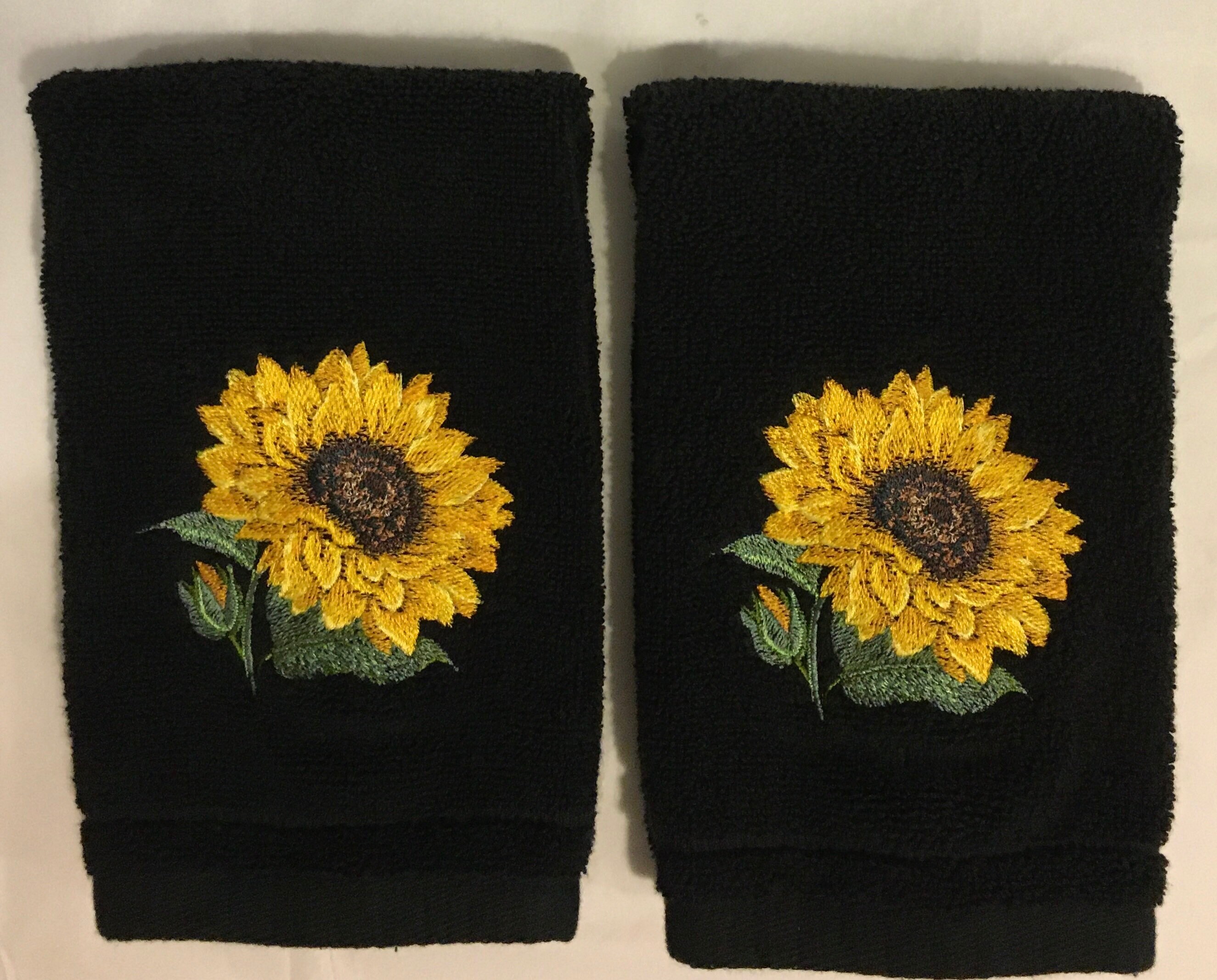 Embroidered Sunflowers Fingertip Bathroom Towels on Black Terry or Velour Cotton Yellow Flowers Etsy Ireland