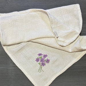 Embroidered Violets Purple Woodland Violet Flowers on White Kitchen Waffle Weave Cotton Hand Dish Towel Dishtowel Tea Towel