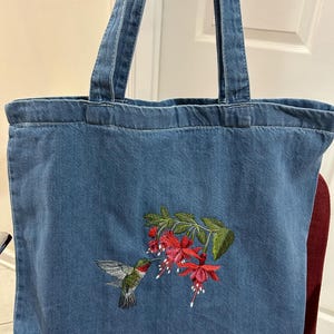 Embroidered Hummingbird Fuchsia Flowers Large Cotton Blue Denim Tote Book Shopping Bag Can Add Zipper or Add Name to Personalize