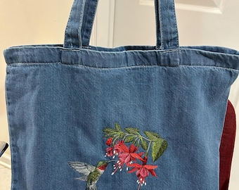 Embroidered Hummingbird Fuchsia Flowers Large Cotton Blue Denim Tote Book Shopping Bag Can Add Zipper or Add Name to Personalize