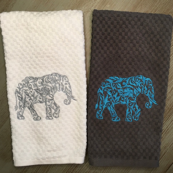 Embroidered Gray or Aqua Teal Blue Floral Elephant on White, Ivory or Gray Kitchen Waffle Weave Terry Cotton Hand Dish Towel Dishtowels